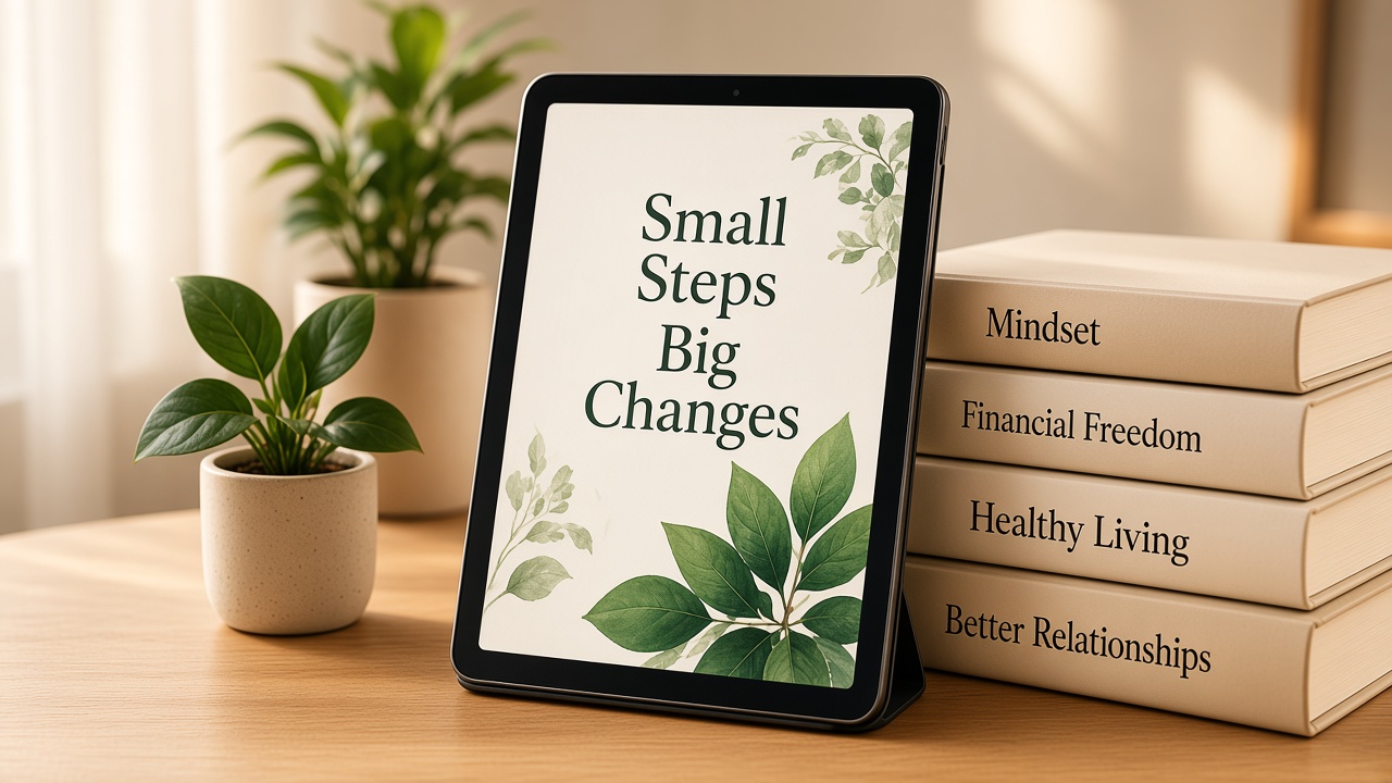 A tablet showing the sample cover Small Steps, Big Changes, next to a plant and a stack of books